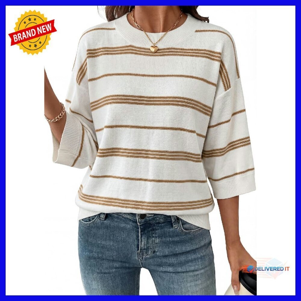 Oversized 3/4 Sleeve Striped Crewneck Lightweight Knit Pullover Sweater - Picture 1 of 8